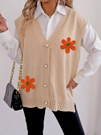Flower V-Neck Sleeveless Cardigan - Bitsy Gypsy Boutique
