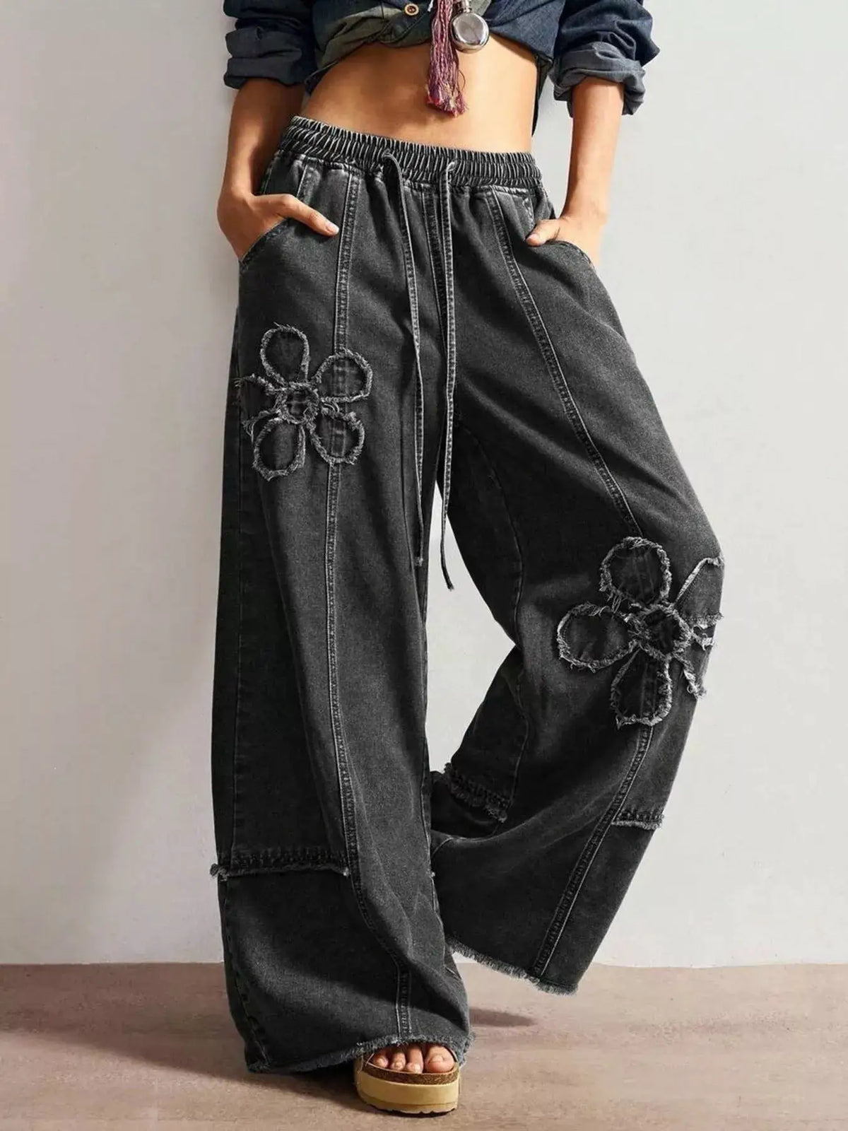 Flower Wide Leg Jeans by Trendsi
