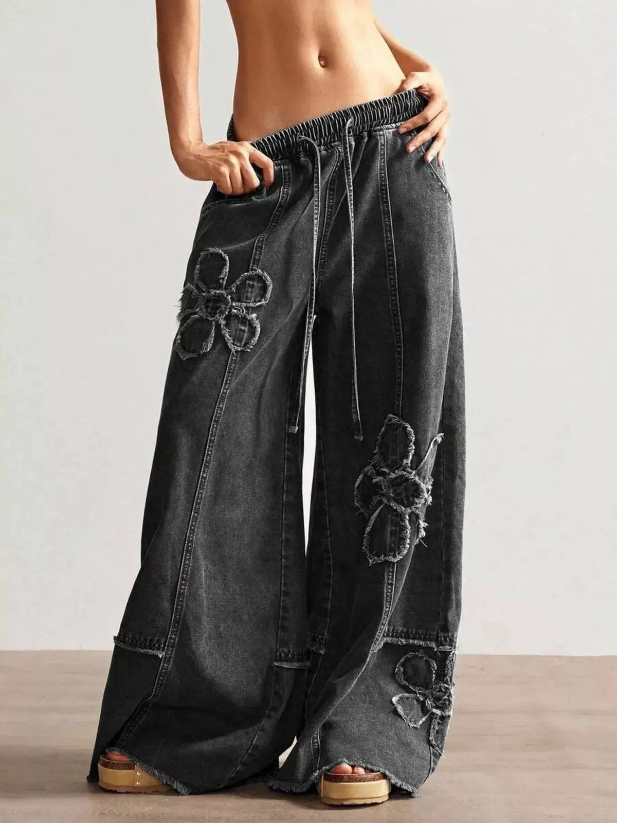Flower Wide Leg Jeans by Trendsi