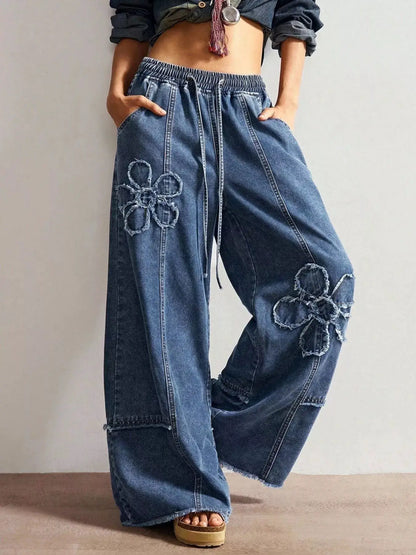 Flower Wide Leg Jeans by Trendsi
