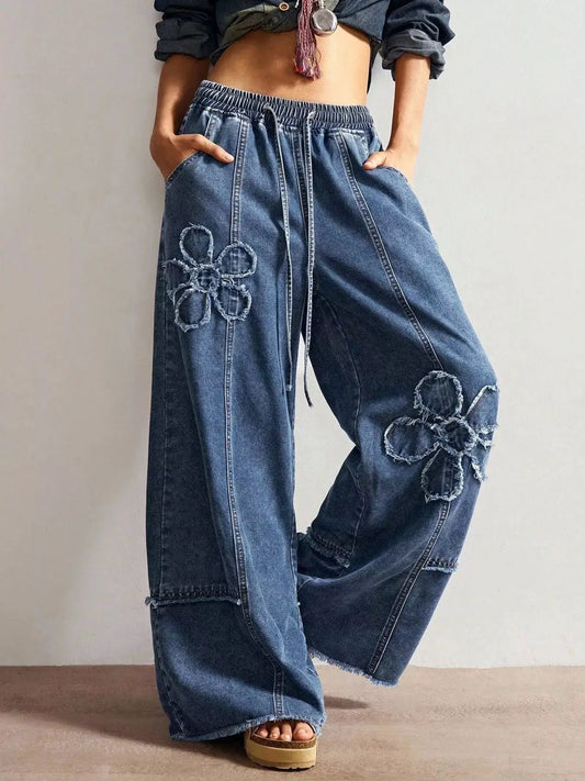 Flower Wide Leg Jeans by Trendsi