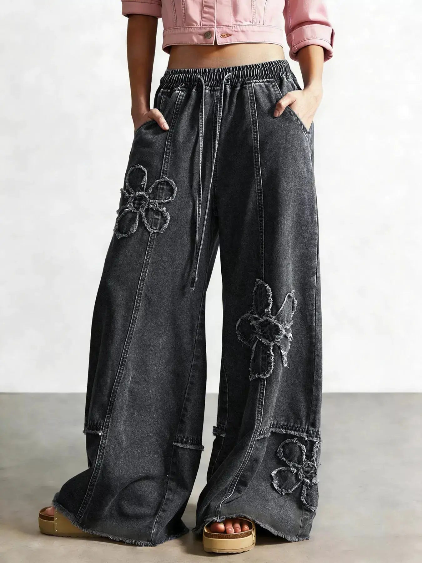 Flower Wide Leg Jeans by Trendsi