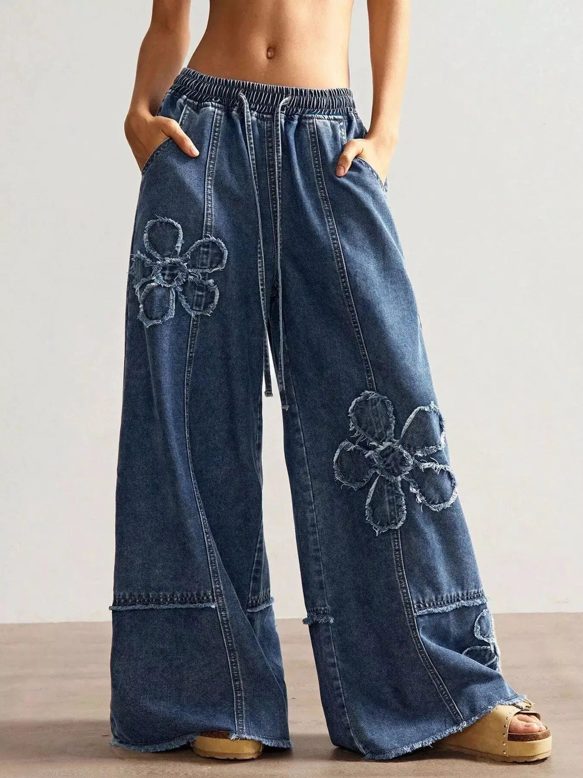 Flower Wide Leg Jeans by Trendsi