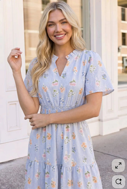 Flutter Into Late Summer Sweet Striped Floral Midi by Haptics