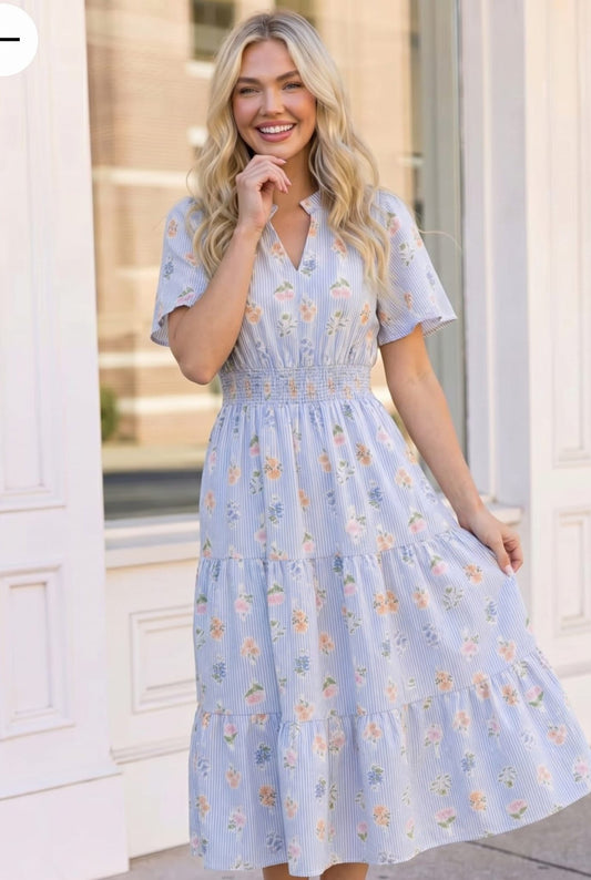Flutter Into Late Summer Sweet Striped Floral Midi - Bitsy Gypsy Boutique