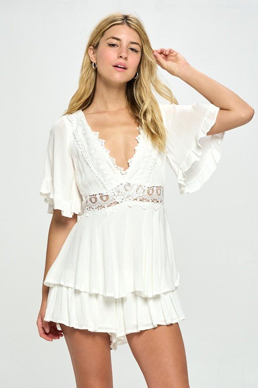 Flutter Sleeved Short Romper with Crochet Trim - Bitsy Gypsy Boutique