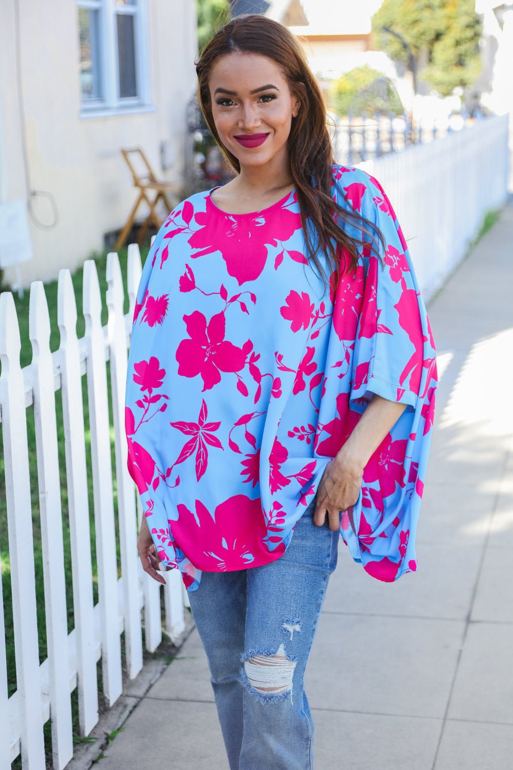 Follow Me Fuchsia Floral Asymmetrical Coverup Blouse - Bitsy Gypsy Boutique