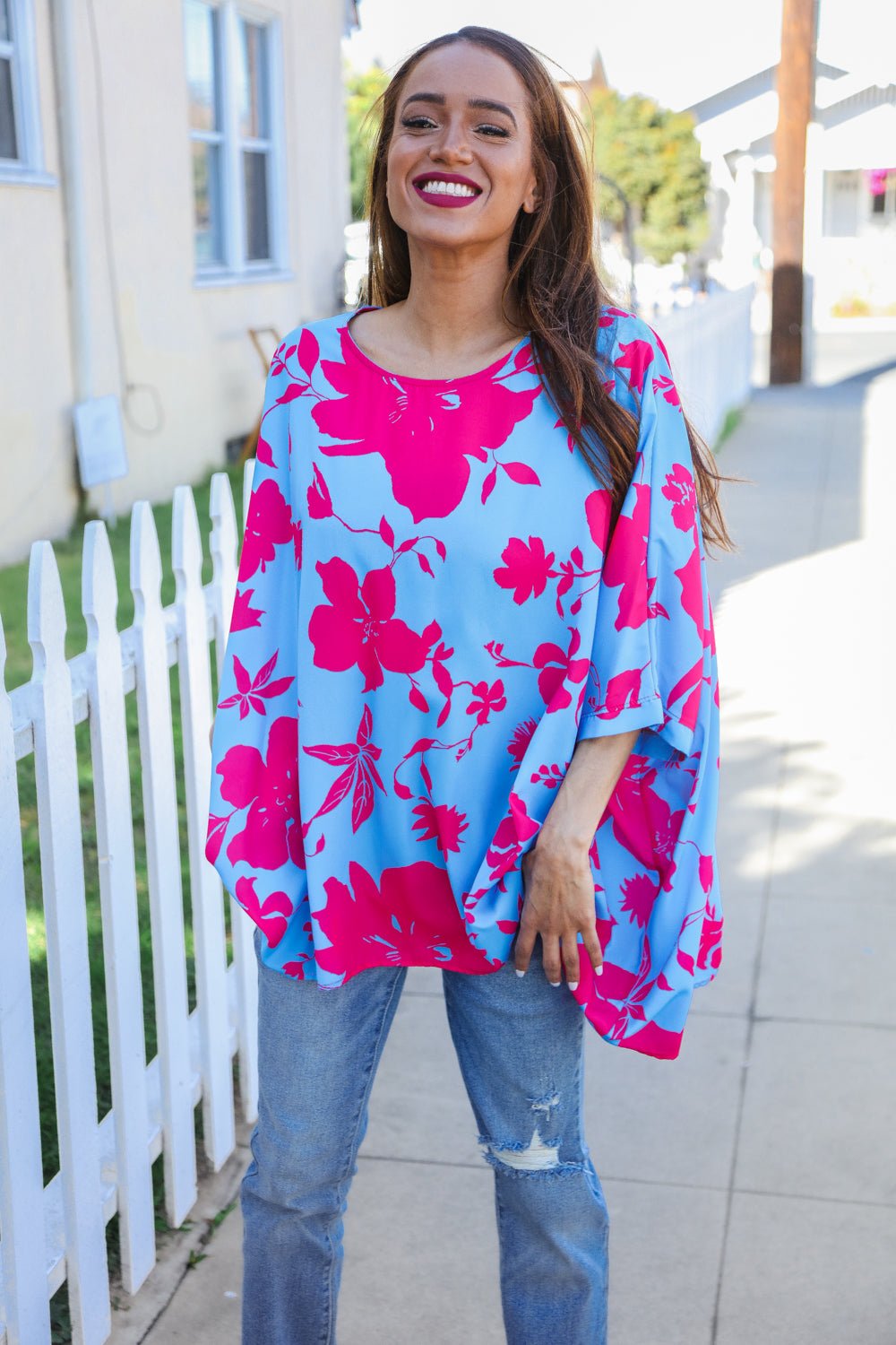 Follow Me Fuchsia Floral Asymmetrical Coverup Blouse - Bitsy Gypsy Boutique