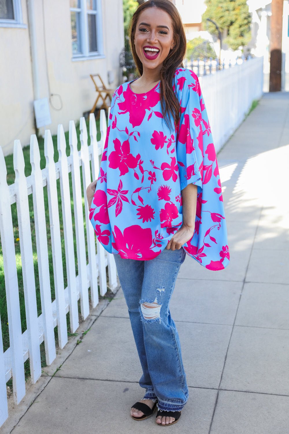 Follow Me Fuchsia Floral Asymmetrical Coverup Blouse - Bitsy Gypsy Boutique