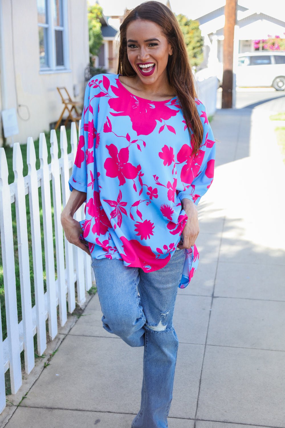 Follow Me Fuchsia Floral Asymmetrical Coverup Blouse - Bitsy Gypsy Boutique