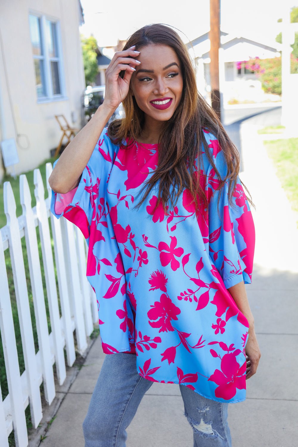 Follow Me Fuchsia Floral Asymmetrical Coverup Blouse - Bitsy Gypsy Boutique