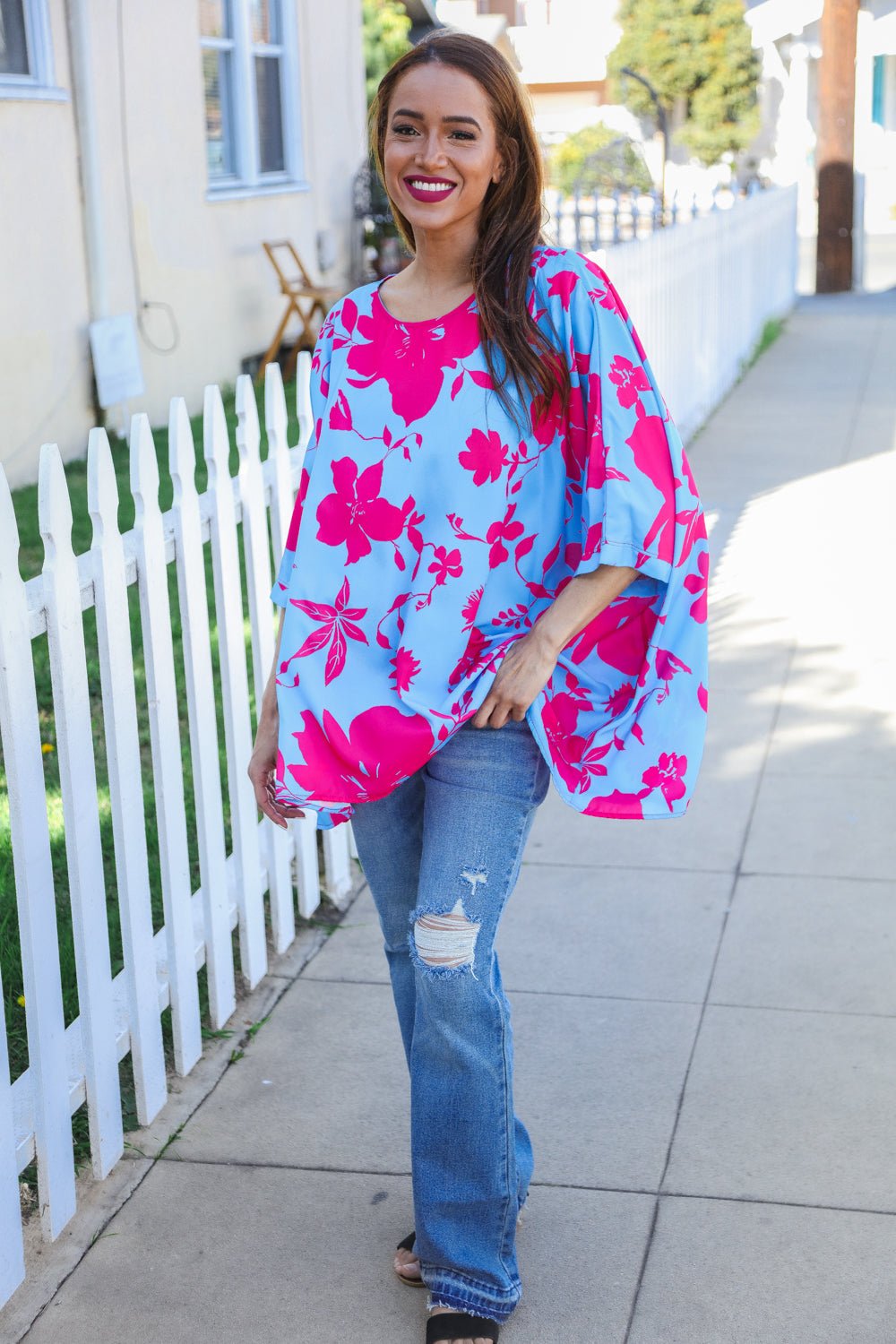 Follow Me Fuchsia Floral Asymmetrical Coverup Blouse - Bitsy Gypsy Boutique