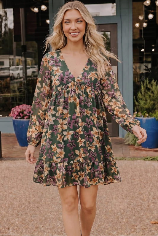 Forest Blooms Long Sleeve Mini Dress - Bitsy Gypsy Boutique