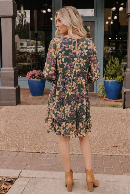 Forest Blooms Long Sleeve Mini Dress - Bitsy Gypsy Boutique