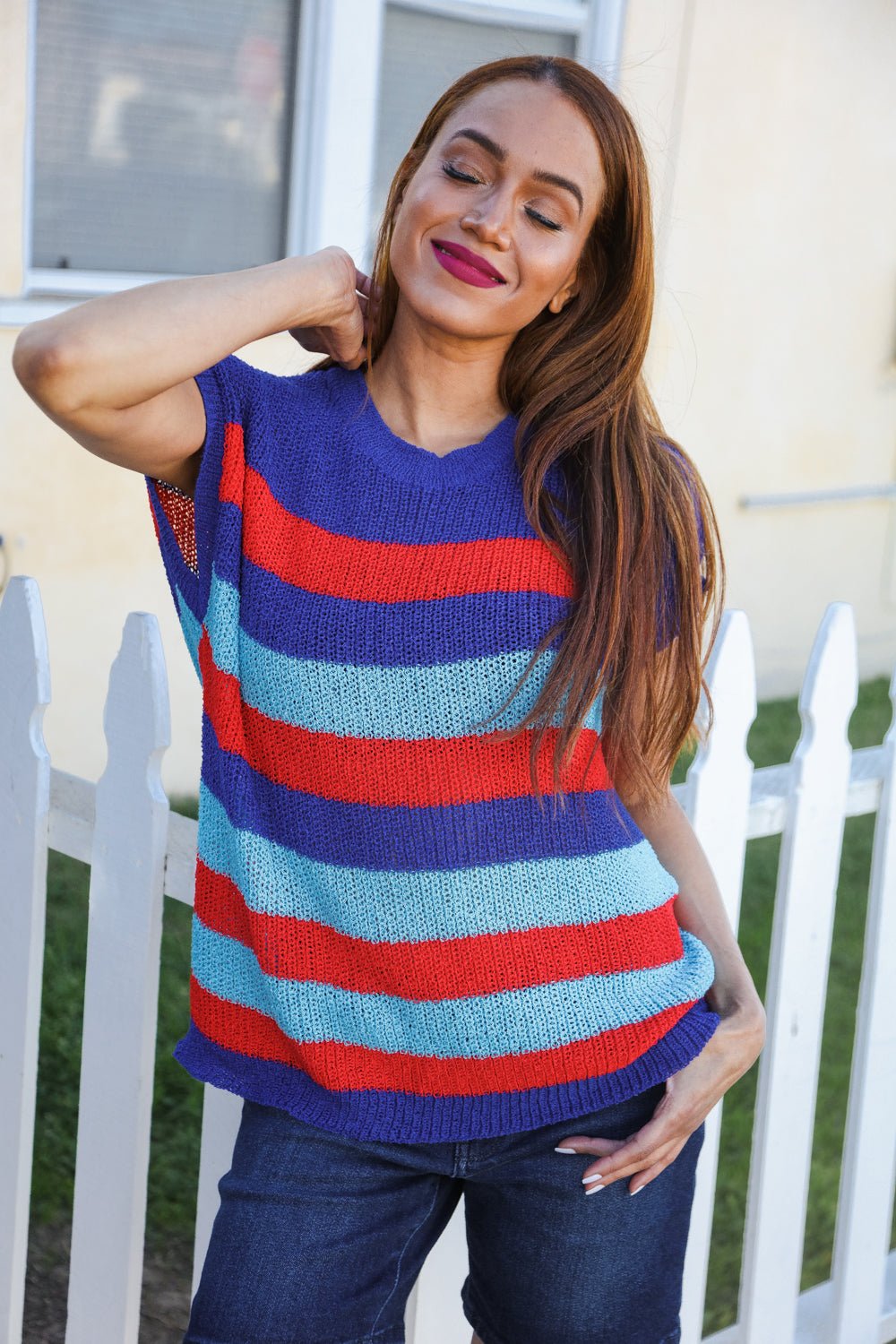 Forget Me Not Royal Blue Stripe Short Sleeve Dolman Sweater - Bitsy Gypsy Boutique