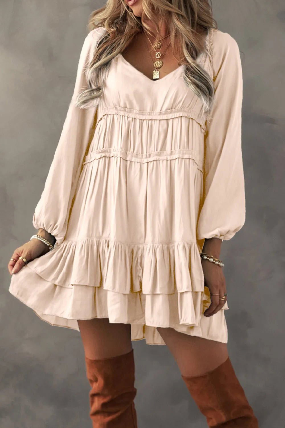 Frill Ruffled V - Neck Long Sleeve Mini Dress - Bitsy Gypsy Boutique