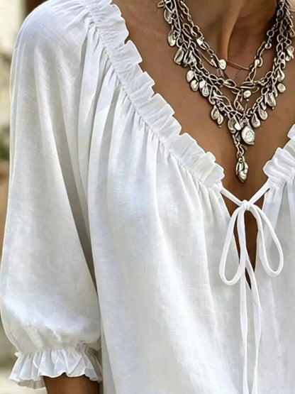 Frill Tie Neck 3/4 Sleeve Blouse - Bitsy Gypsy Boutique