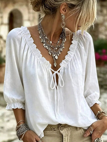 Frill Tie Neck 3/4 Sleeve Blouse - Bitsy Gypsy Boutique