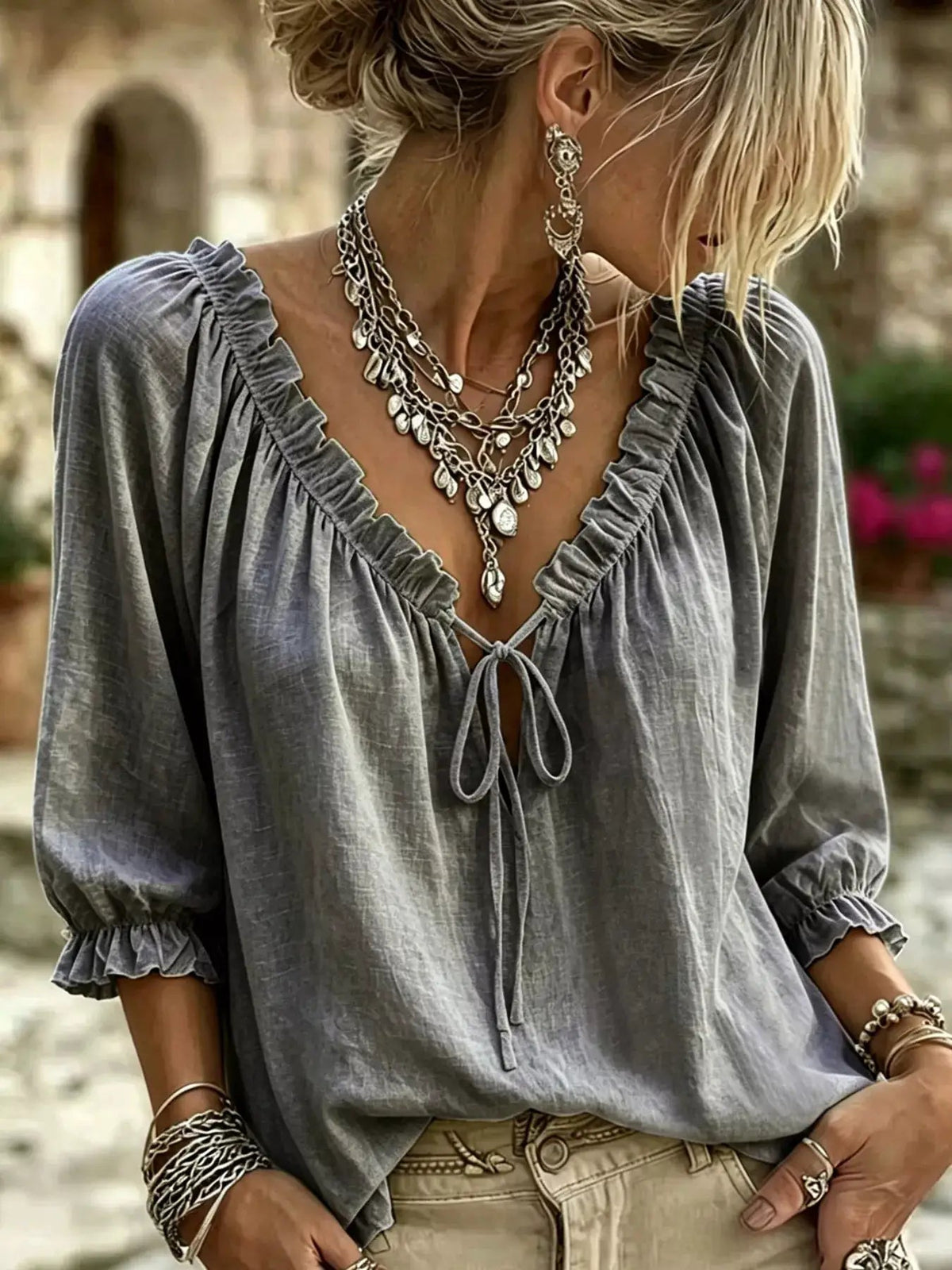 Frill Tie Neck 3/4 Sleeve Blouse - Bitsy Gypsy Boutique