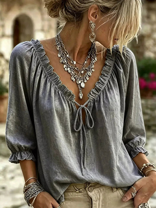 Frill Tie Neck 3/4 Sleeve Blouse - Bitsy Gypsy Boutique
