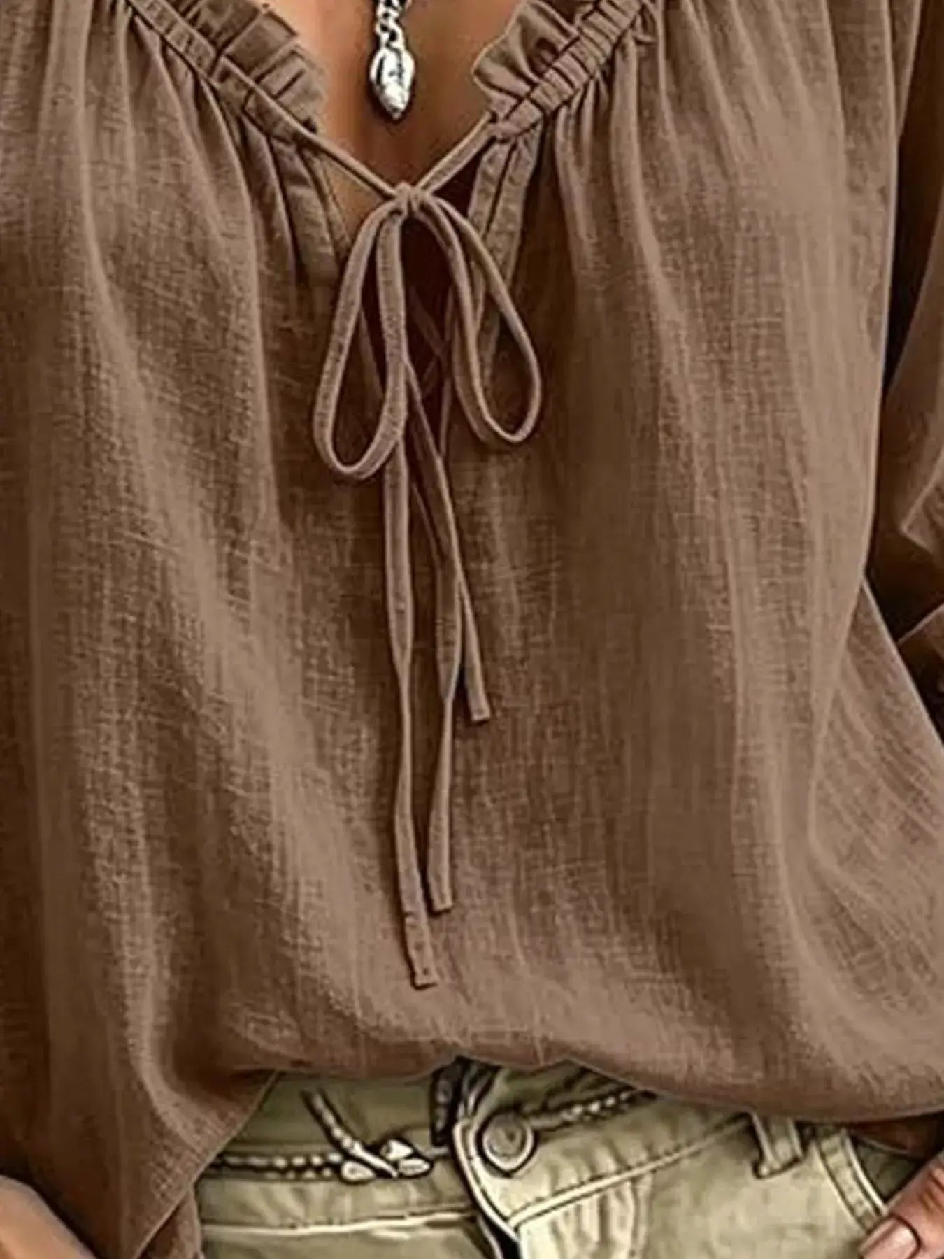 Frill Tie Neck 3/4 Sleeve Blouse - Bitsy Gypsy Boutique
