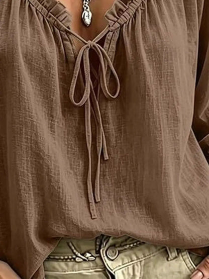 Frill Tie Neck 3/4 Sleeve Blouse - Bitsy Gypsy Boutique