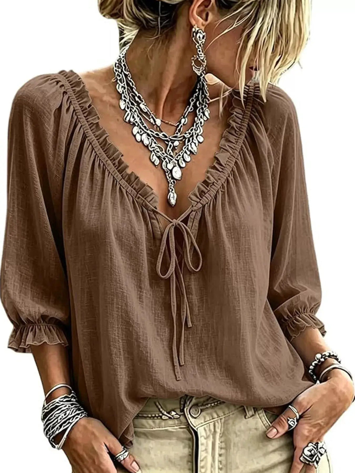 Frill Tie Neck 3/4 Sleeve Blouse - Bitsy Gypsy Boutique