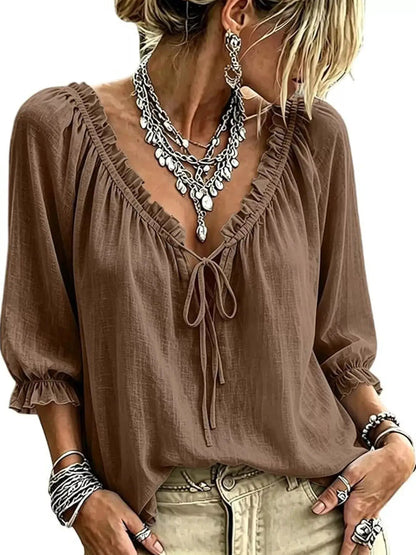 Frill Tie Neck 3/4 Sleeve Blouse - Bitsy Gypsy Boutique