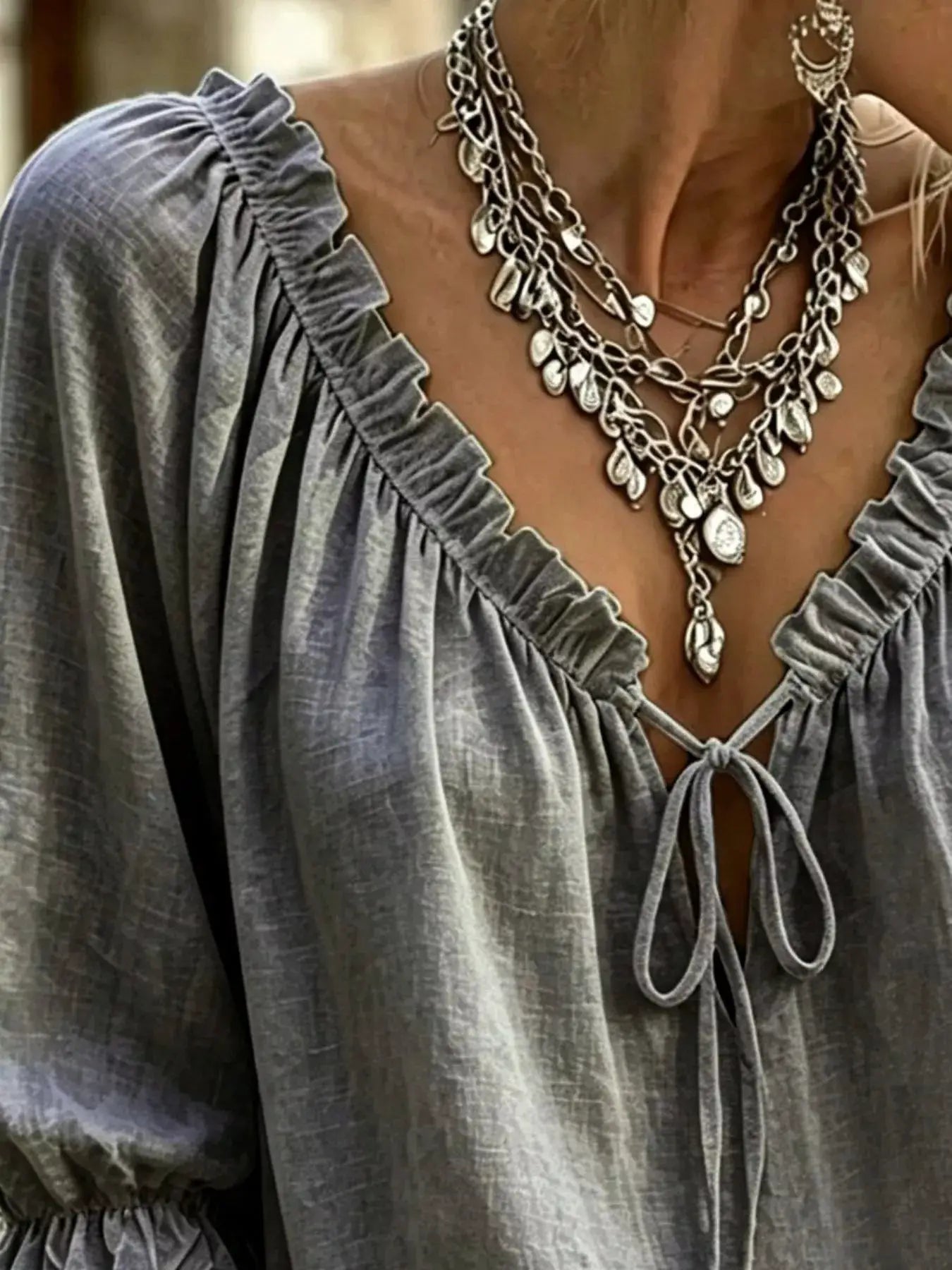 Frill Tie Neck 3/4 Sleeve Blouse - Bitsy Gypsy Boutique