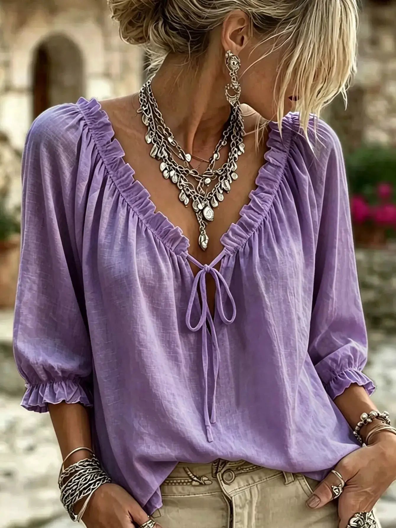 Frill Tie Neck 3/4 Sleeve Blouse - Bitsy Gypsy Boutique