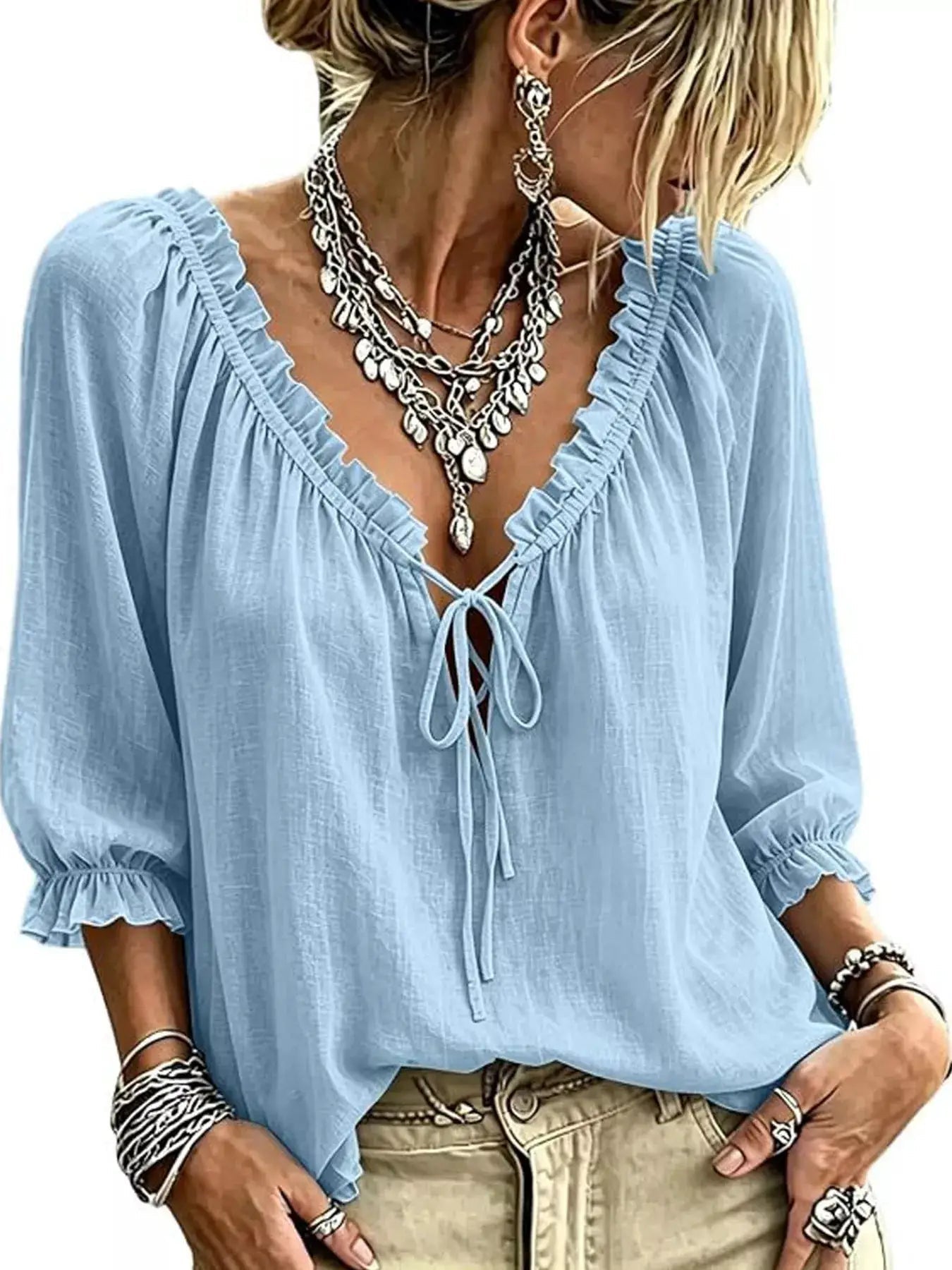 Frill Tie Neck 3/4 Sleeve Blouse - Bitsy Gypsy Boutique