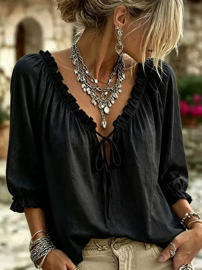 Frill Tie Neck 3/4 Sleeve Blouse - Bitsy Gypsy Boutique