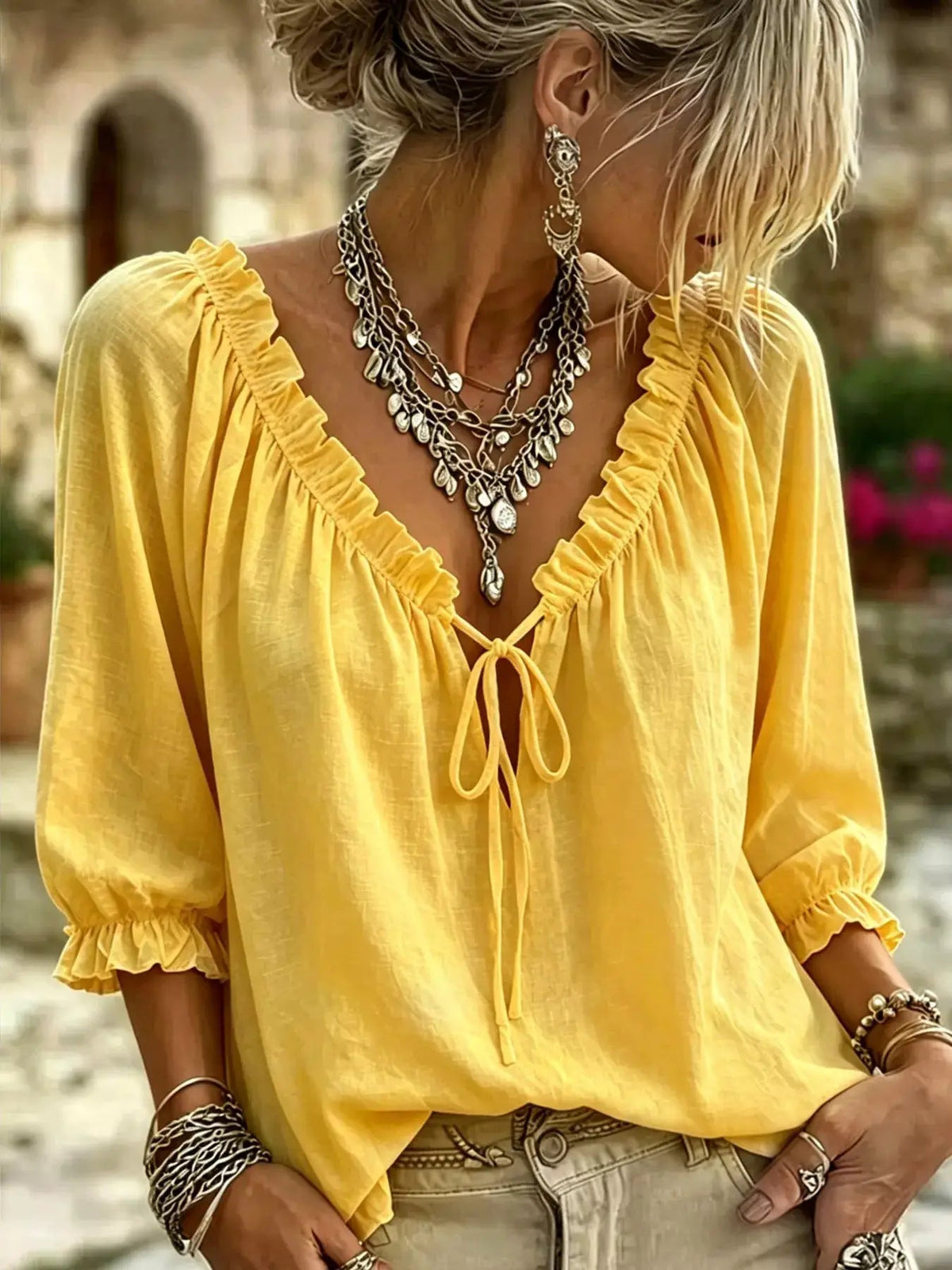 Frill Tie Neck 3/4 Sleeve Blouse - Bitsy Gypsy Boutique