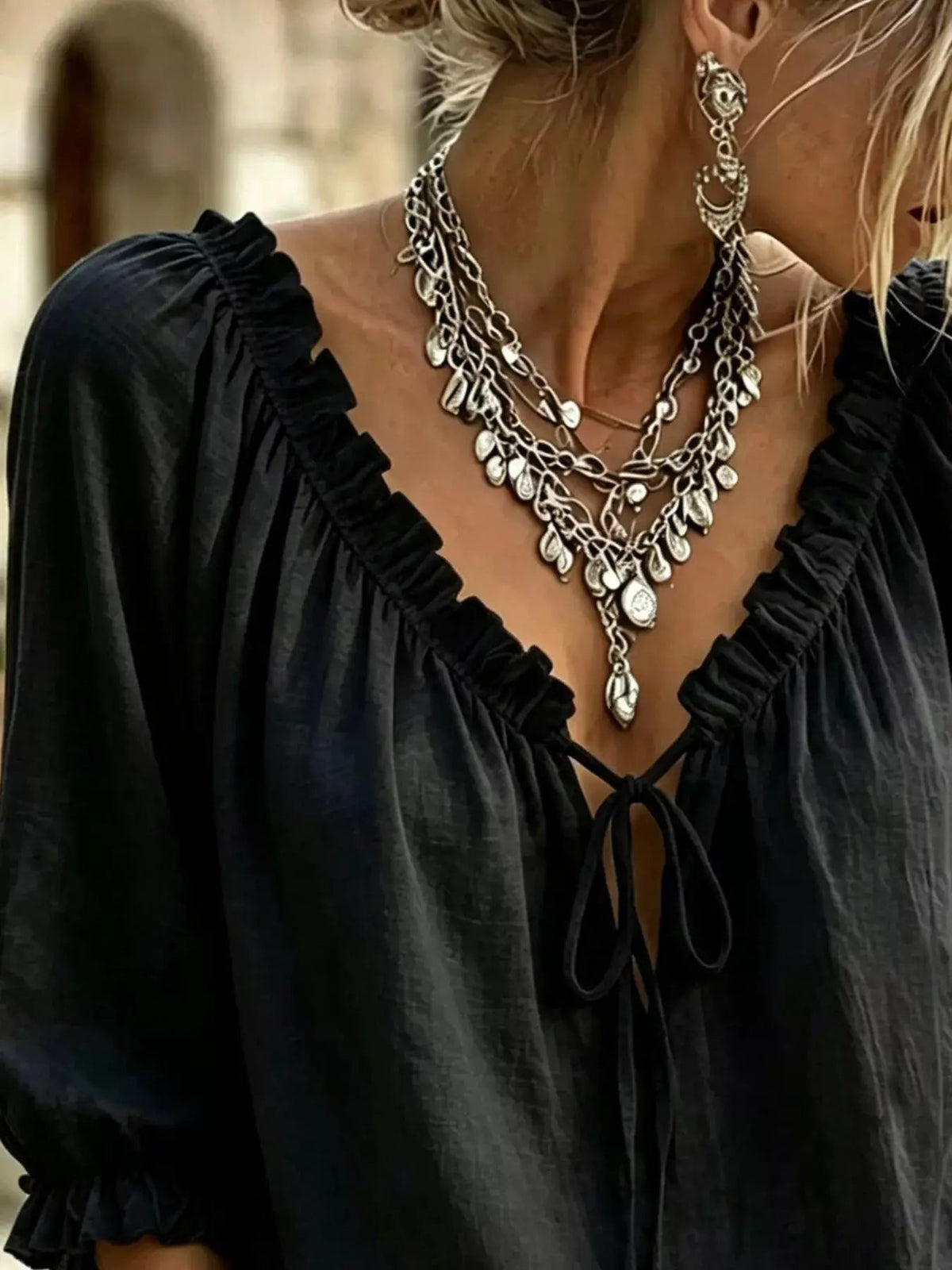 Frill Tie Neck 3/4 Sleeve Blouse - Bitsy Gypsy Boutique