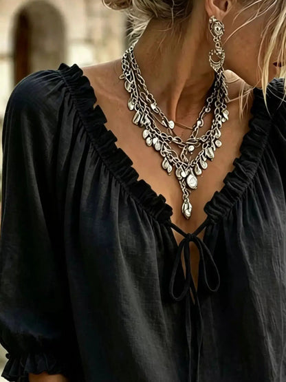 Frill Tie Neck 3/4 Sleeve Blouse - Bitsy Gypsy Boutique
