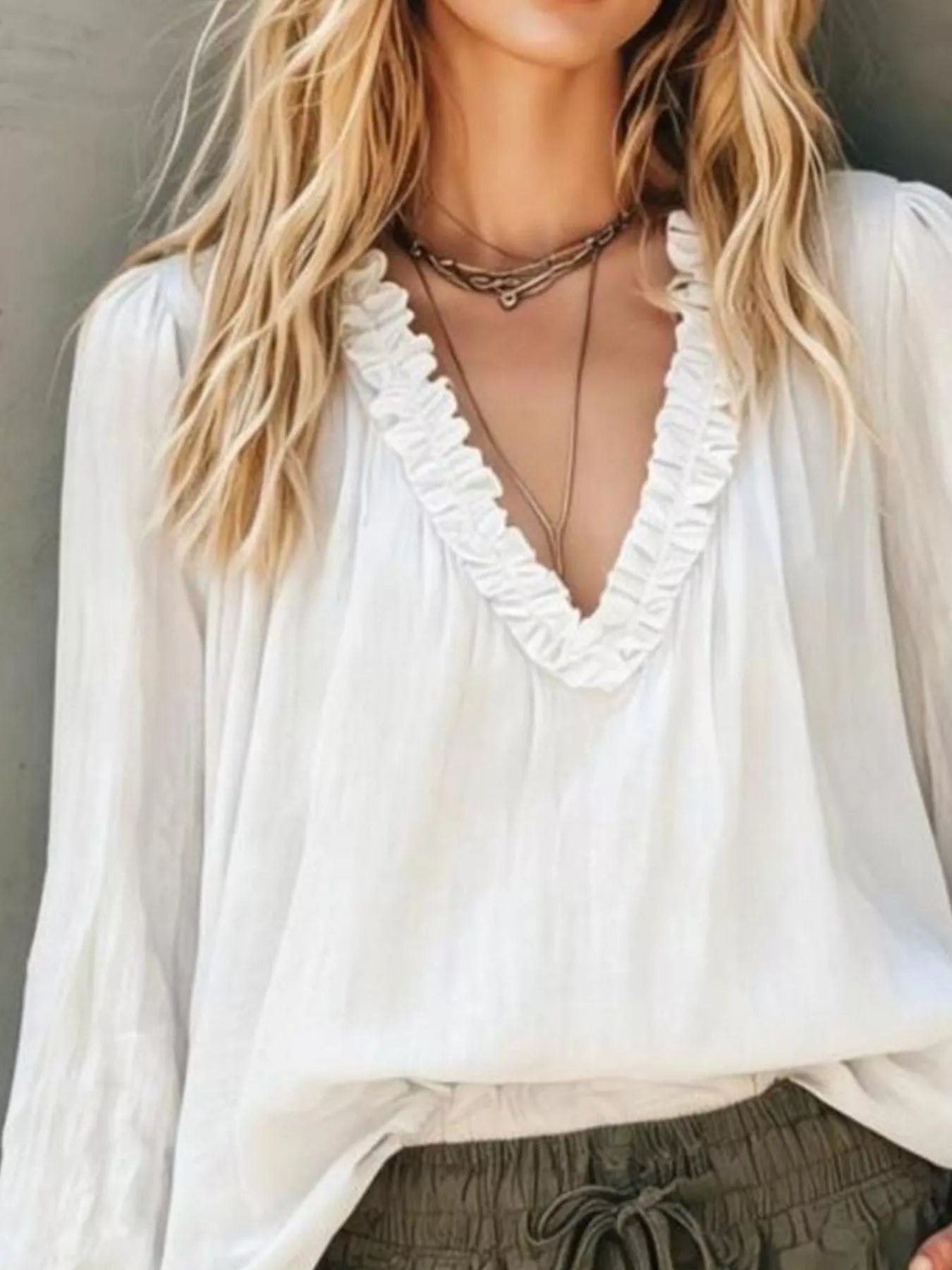 Frill V-Neck Long Sleeve Blouse - Bitsy Gypsy Boutique