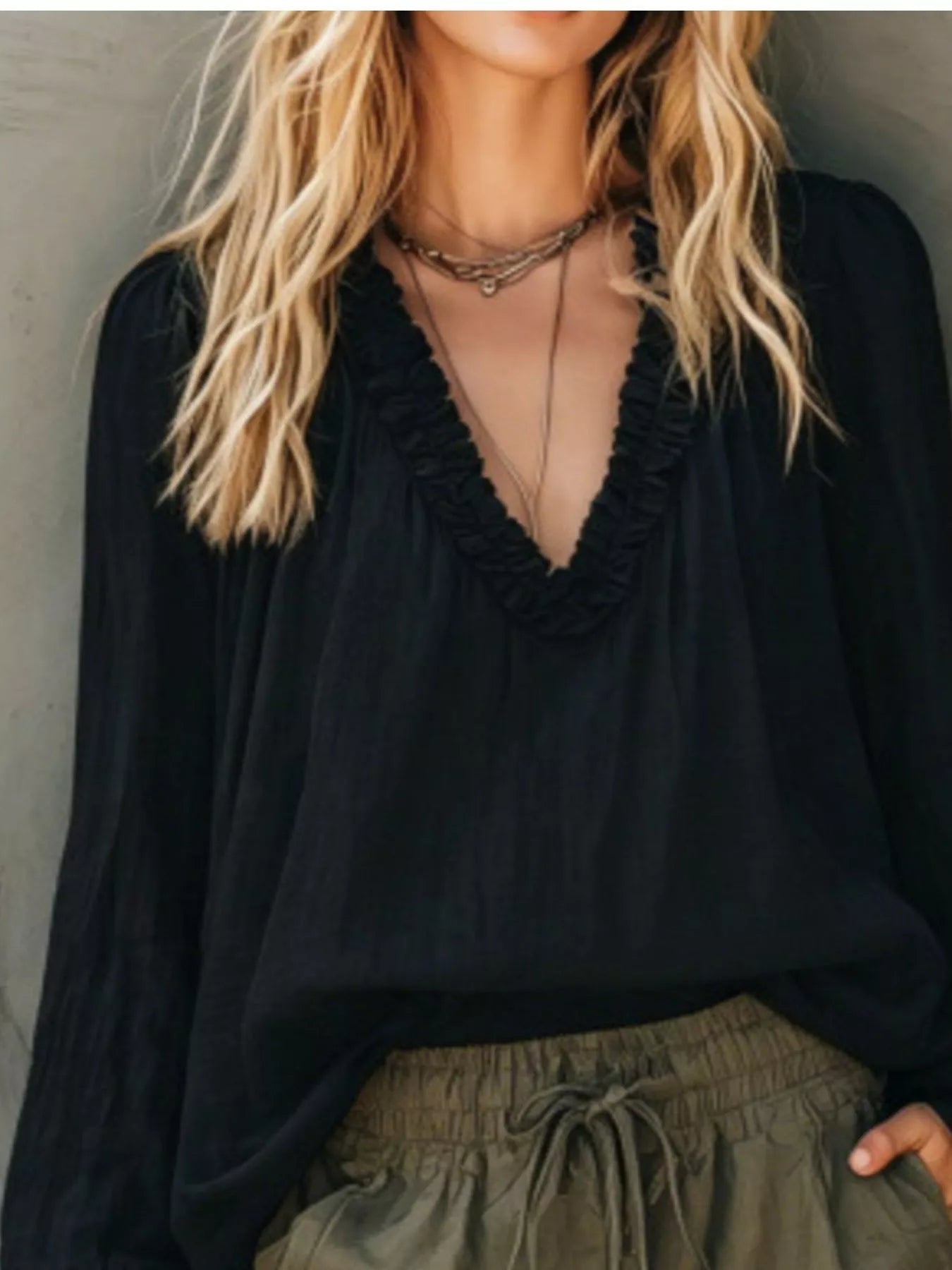 Frill V-Neck Long Sleeve Blouse - Bitsy Gypsy Boutique