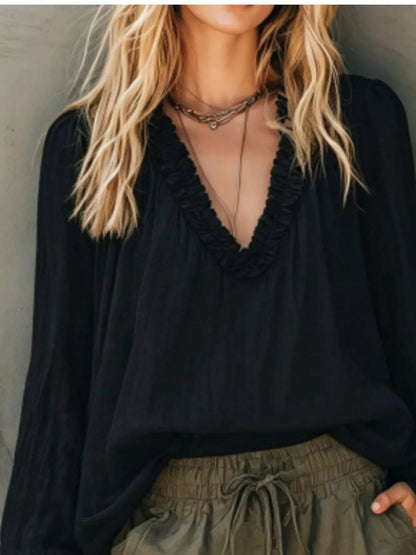 Frill V-Neck Long Sleeve Blouse - Bitsy Gypsy Boutique