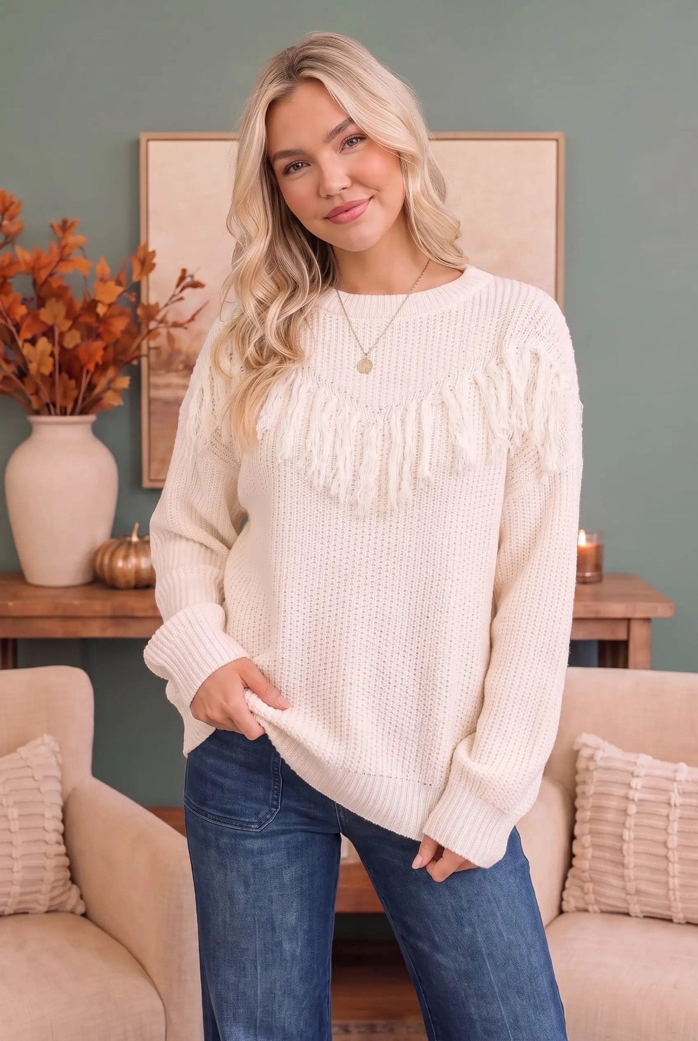 Fringe Forward Cream Knit Sweater - Bitsy Gypsy Boutique