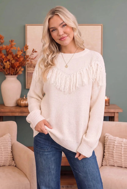 Fringe Forward Cream Knit Sweater - Bitsy Gypsy Boutique