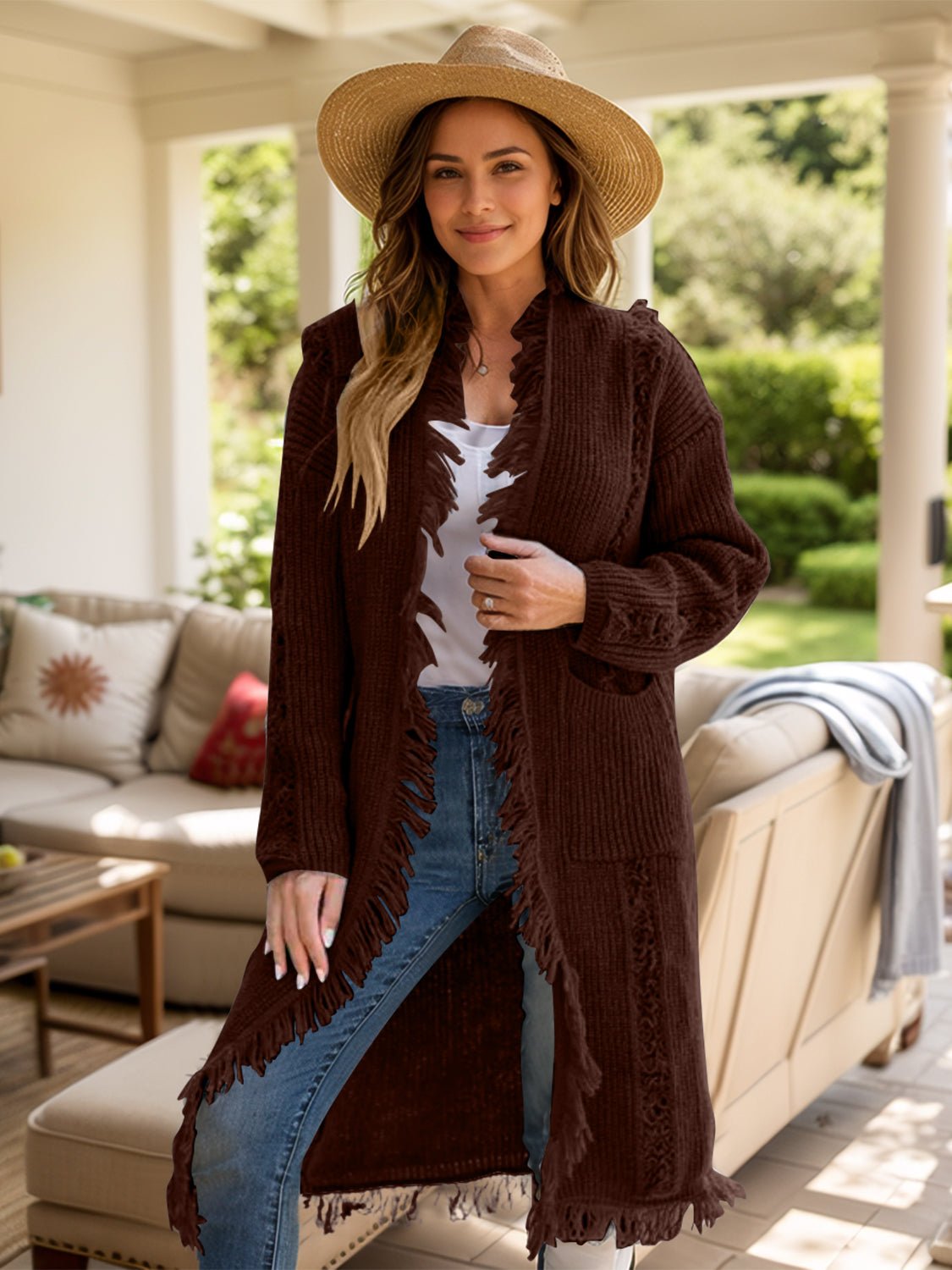 Fringe Open Front Long Sleeve Cardigan - Bitsy Gypsy Boutique