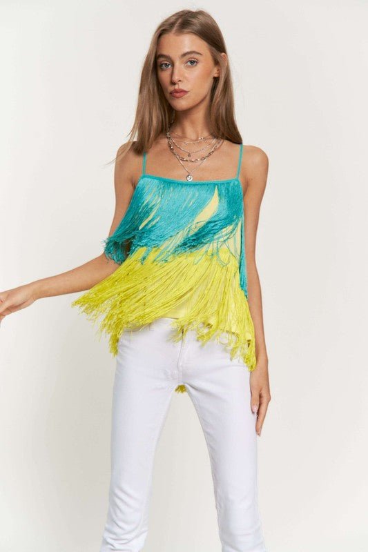 Fringe Overlay Cross Straps Party Cami Top - Bitsy Gypsy Boutique