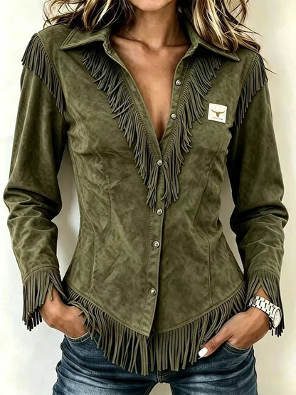 Fringed Collared Neck Shirt - Bitsy Gypsy Boutique