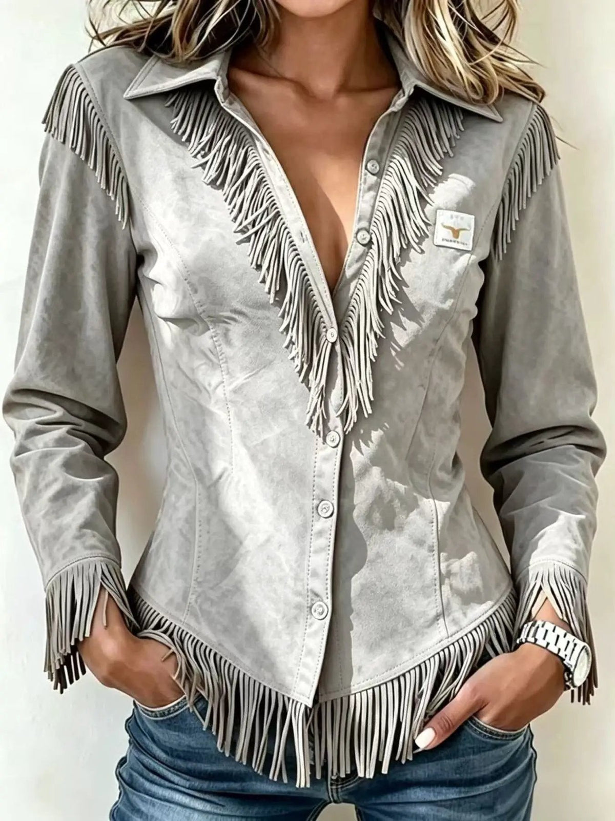 Fringed Collared Neck Shirt - Bitsy Gypsy Boutique