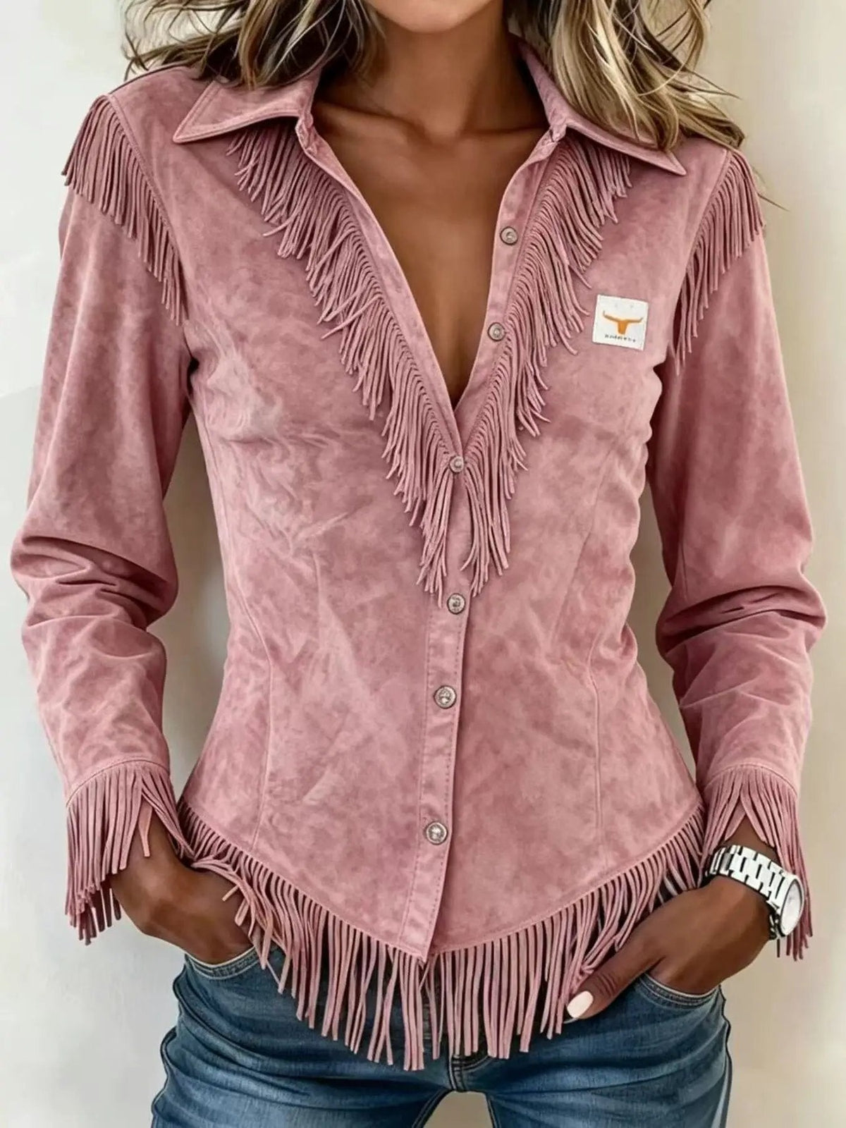 Fringed Collared Neck Shirt - Bitsy Gypsy Boutique