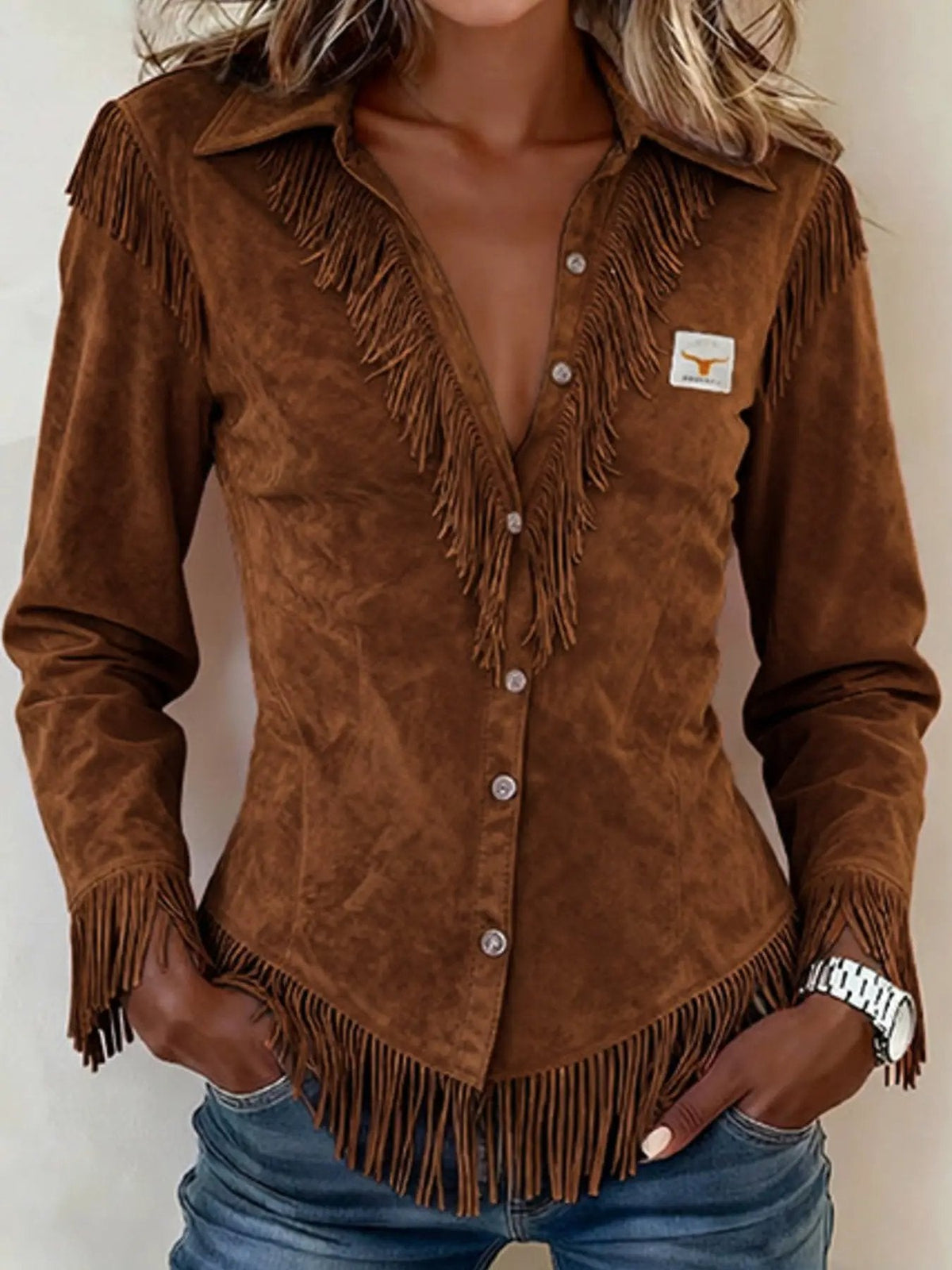 Fringed Collared Neck Shirt - Bitsy Gypsy Boutique