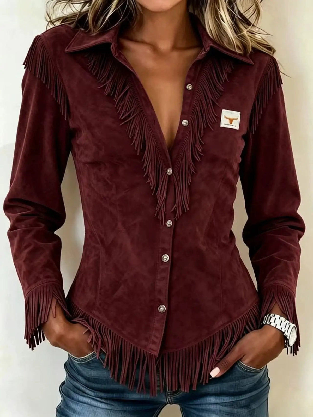 Fringed Collared Neck Shirt - Bitsy Gypsy Boutique
