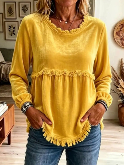 Fringed Hem Long Sleeve T-Shirt by Trendsi