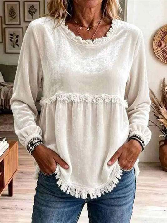 Fringed Hem Long Sleeve T-Shirt by Trendsi