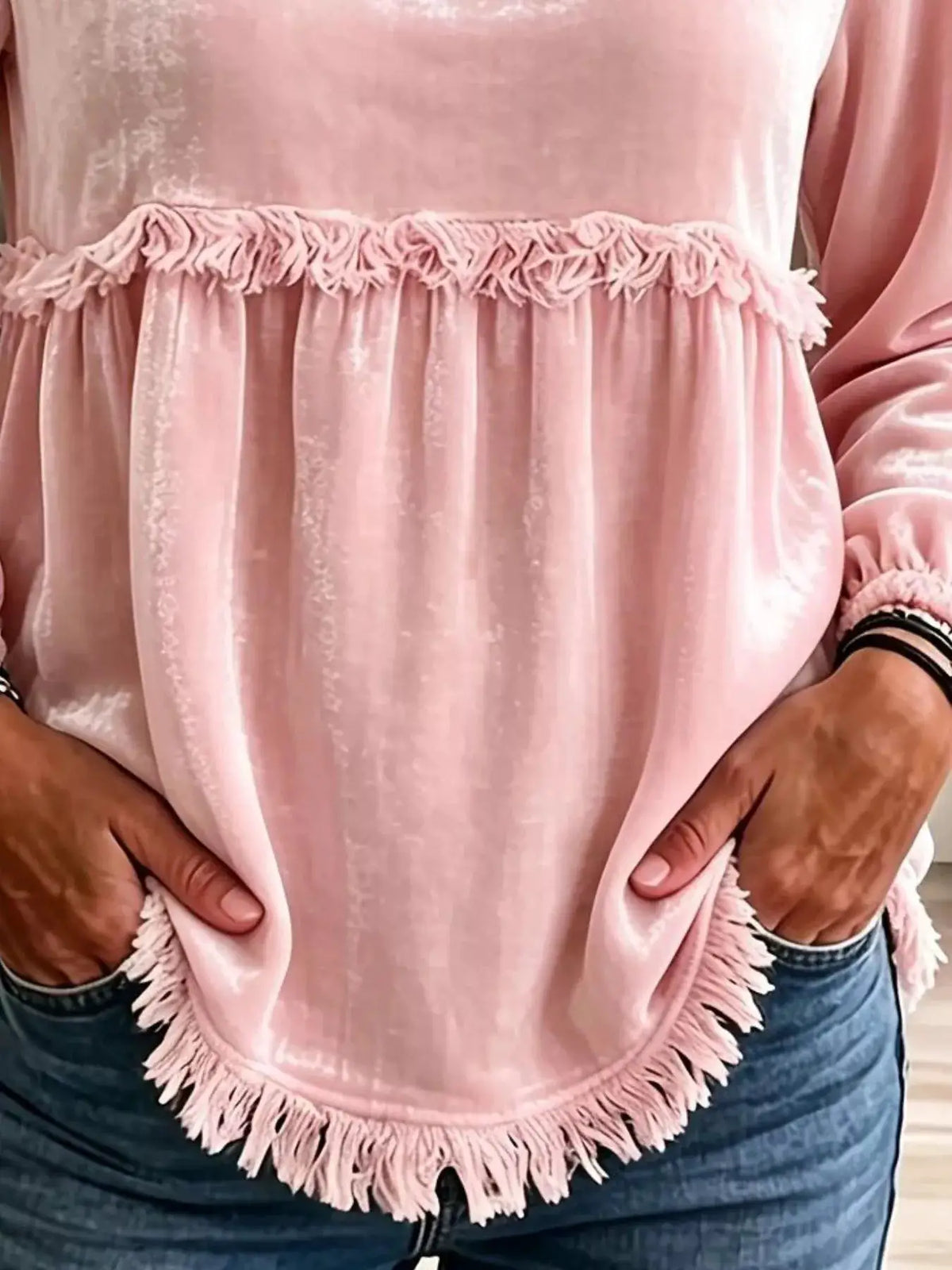 Fringed Hem Long Sleeve T-Shirt by Trendsi